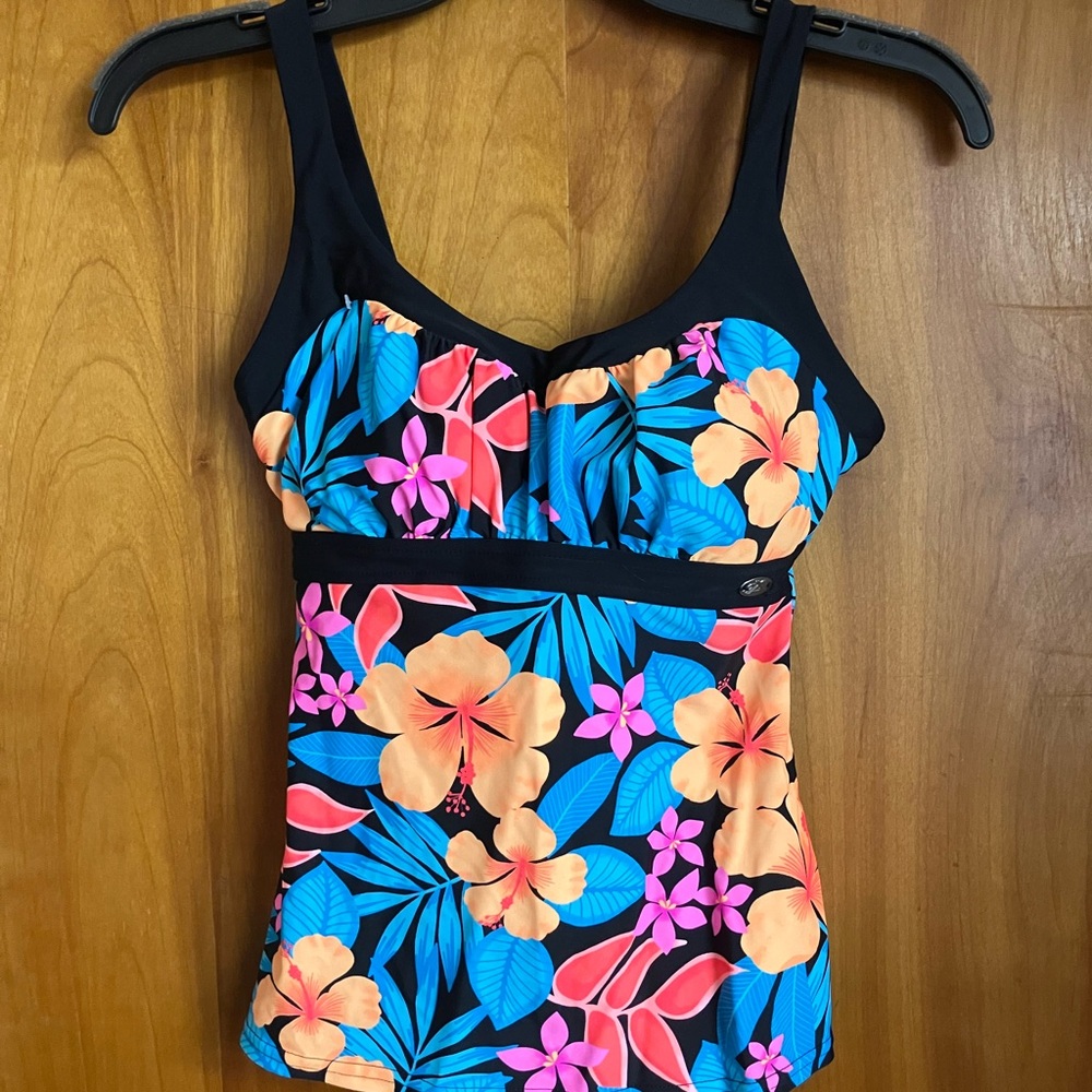Black Floral Tankini Top with Bright Tropical Print